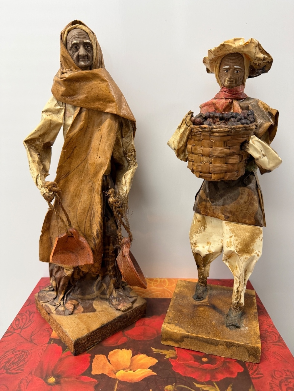 Vintage Mexican Handmade Paper Mache Folk Art Figurines of Elderly Woman and Man